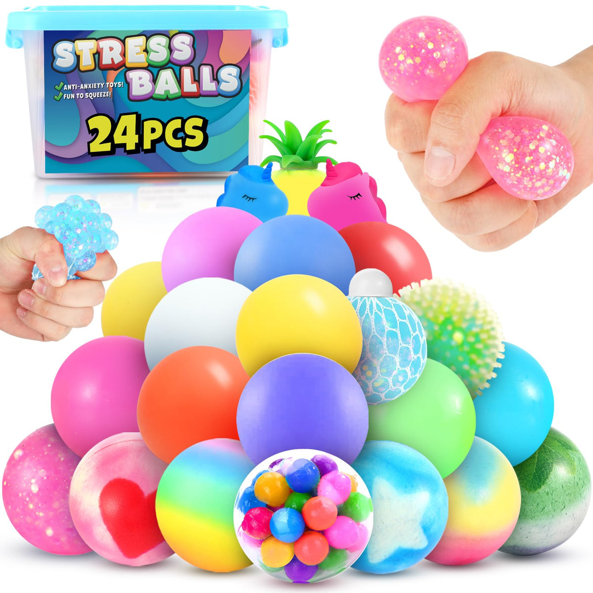 Squishy Stress Balls Fidget Toys: OleOletOy 24 Pack Stress Balls for Adults Squishy Ball Bulk Sensory Toys for Autism Classroom Prizes Birthday Party Favors and Travel Toy Gifts